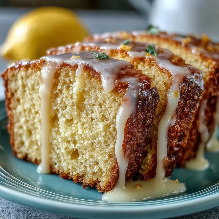 Slices of citrus-infused pound cake drizzled with zesty lemon glaze, showcasing vibrant yellow hues and a tender crumb.  