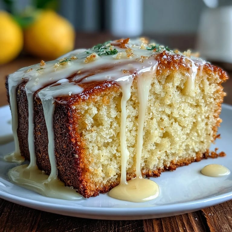 Close-up of Limoncello pound cake topped with glossy lemon glaze, garnished with fresh zest for a refreshing Italian-American dessert.