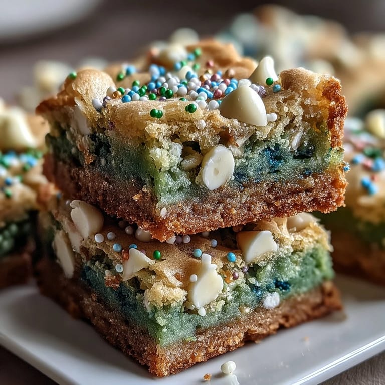 Buttery cookie bars layered with vibrant rainbow sprinkles and creamy white chocolate chips, ideal for St. Patricks Day festivities.