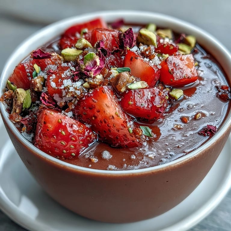 Rich dark chocolate cups hold juicy strawberries and honey-orange zest, finished with golden caramelized pistachio crunch and a sprinkle of dried rose petals.  