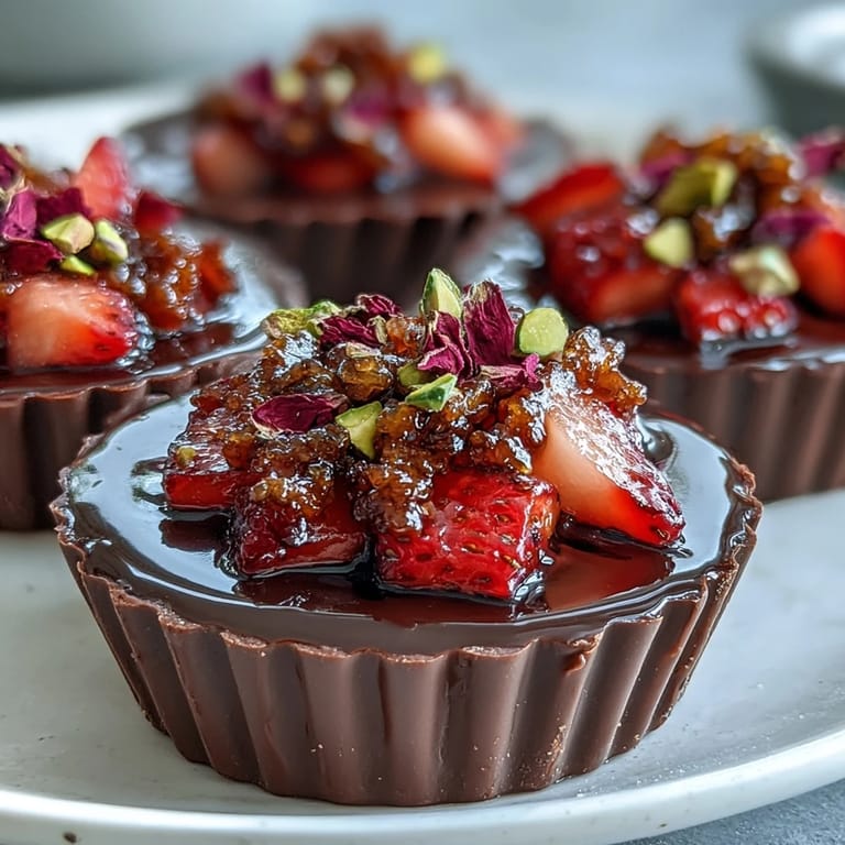 Elegant strawberry and dark chocolate cups with pistachio crunch, combining silky textures and floral notes for a showstopping Middle Eastern-inspired dessert.