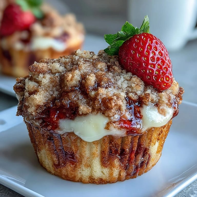 Moist strawberry muffins with crumbly streusel topping, perfect for a delightful snack or dessert.