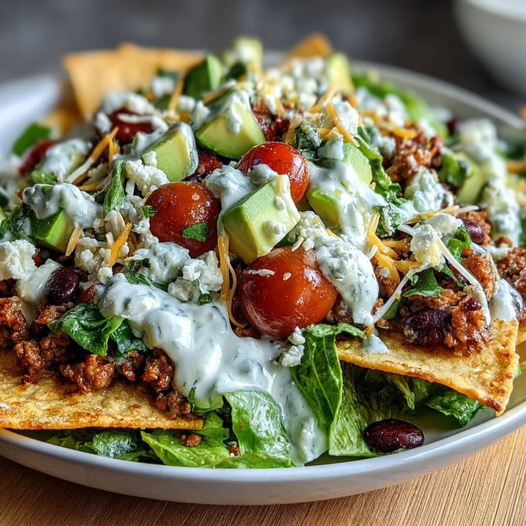 Colorful taco salad bowls filled with lean ground turkey, black beans, avocado, and topped with zesty Greek yogurt ranch dressing.