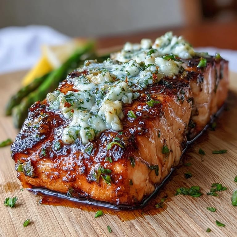 Roasted garlic butter salmon and asparagus, tender and fragrant, garnished with parsley for a fresh, vibrant finish.