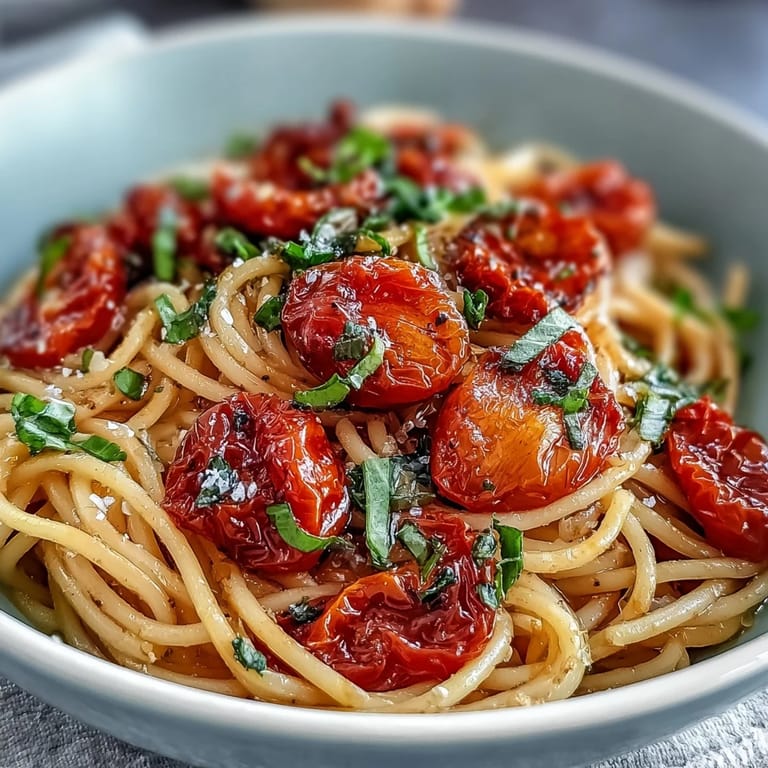 Savory cherry tomato confit pasta glistens with rich garlic oil, ready for dinner.