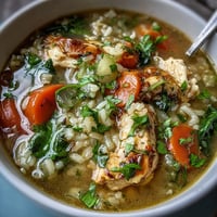 A steaming bowl of healthy chicken and rice soup with tender chicken, fresh vegetables, and fluffy rice in a savory broth.