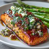 Garlic butter salmon with asparagus, golden and flaky, served on a sheet pan with bright lemon slices.