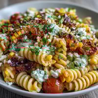 Vibrant Mexican street corn pasta salad with charred corn, cotija cheese, and lime dressing, perfect for summer cookouts and potlucks.