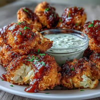 Crispy Vegan BBQ Cauliflower Wings glistening in smoky sauce, beside creamy ranch.