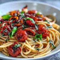 Tender cherry tomato confit coats al dente spaghetti in this simple garlic oil pasta.